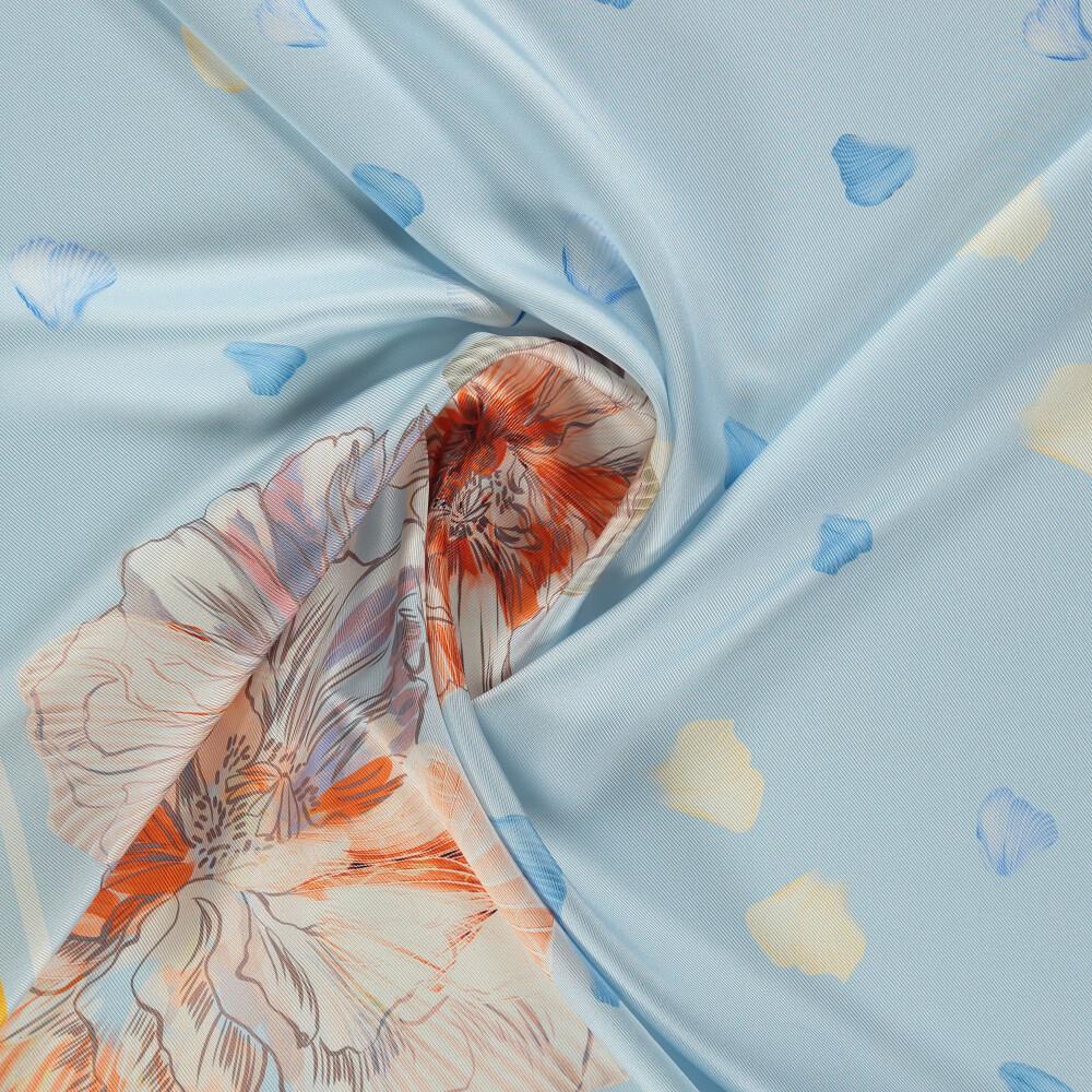 Baby Blue Foglia Lieve Pattern Twill Silk Square Scarf - Vismara