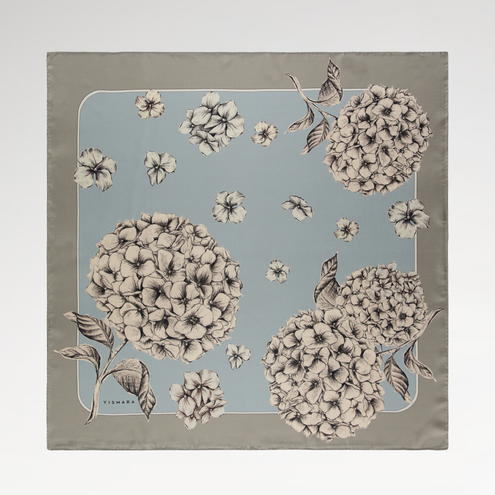 Baby Blue Hydrangea Flower Patterned Twill Silk Square Scarf