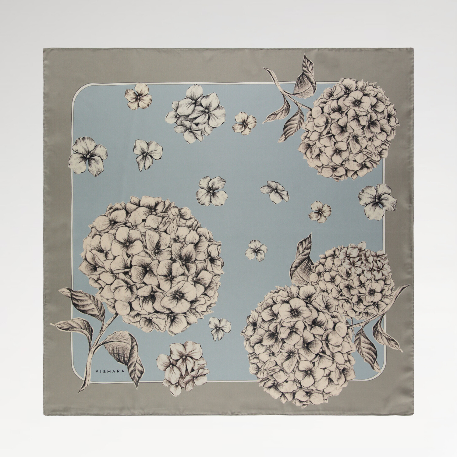 Baby Blue Hydrangea Flower Patterned Twill Silk Square Scarf - 1