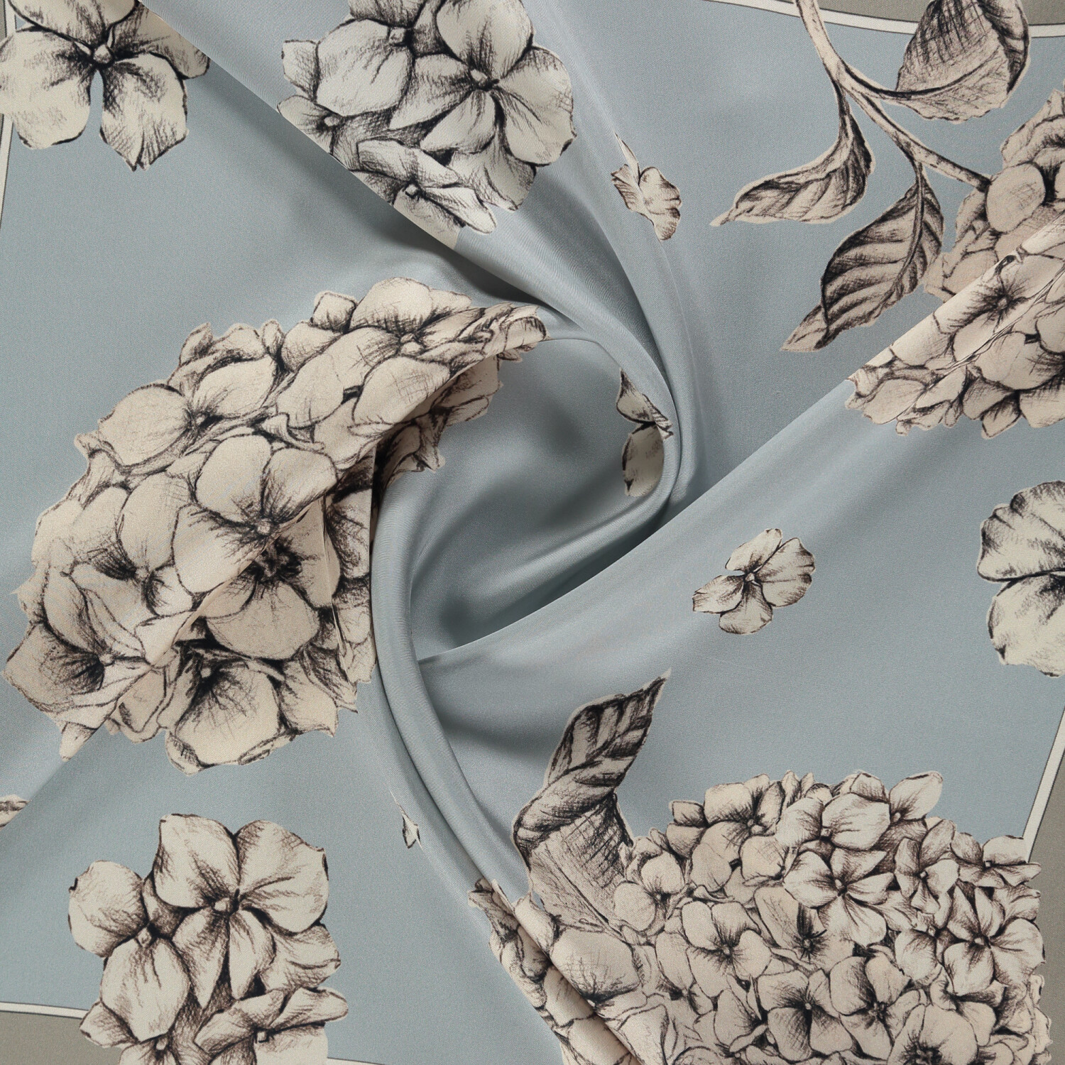Baby Blue Hydrangea Flower Patterned Twill Silk Square Scarf - 2