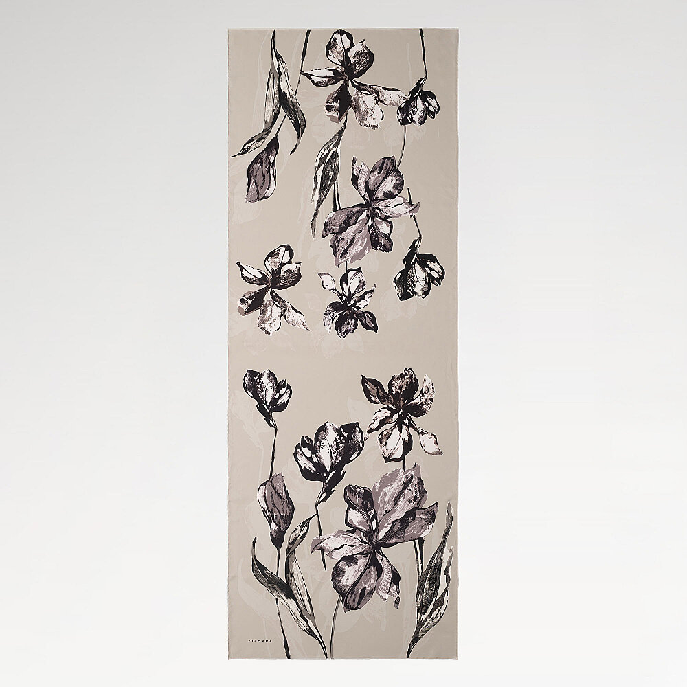 Beige Charcoal Lily Patterned Silk Scarf - 2