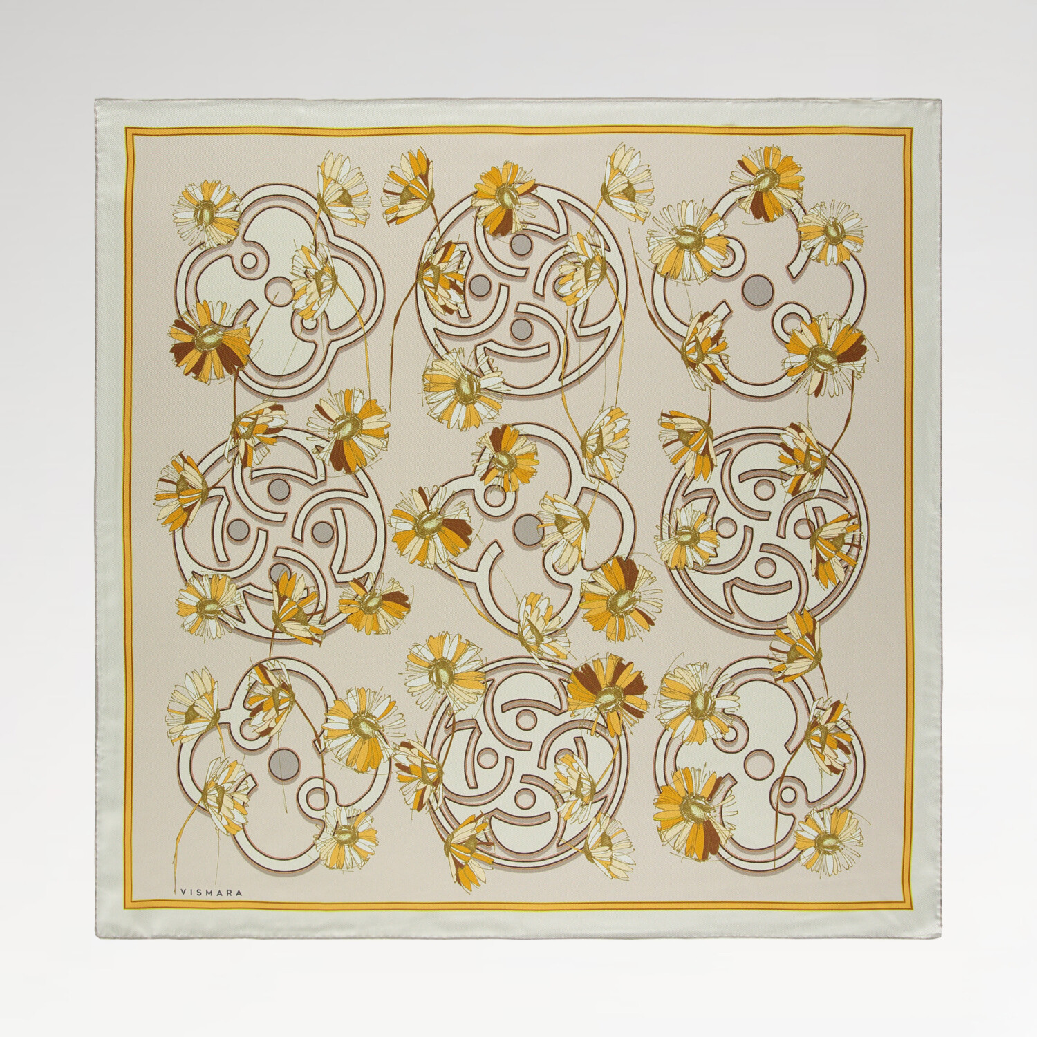 Beige Daisyne Pattern Twill Silk Square Scarf - 1
