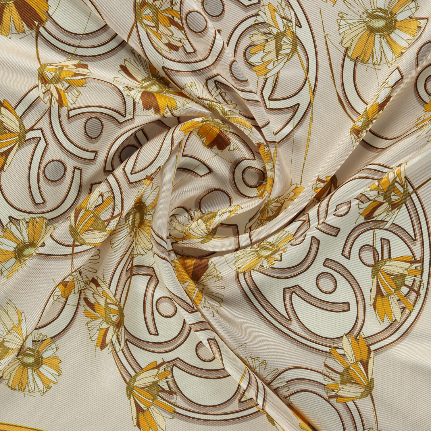 Beige Daisyne Pattern Twill Silk Square Scarf - 2