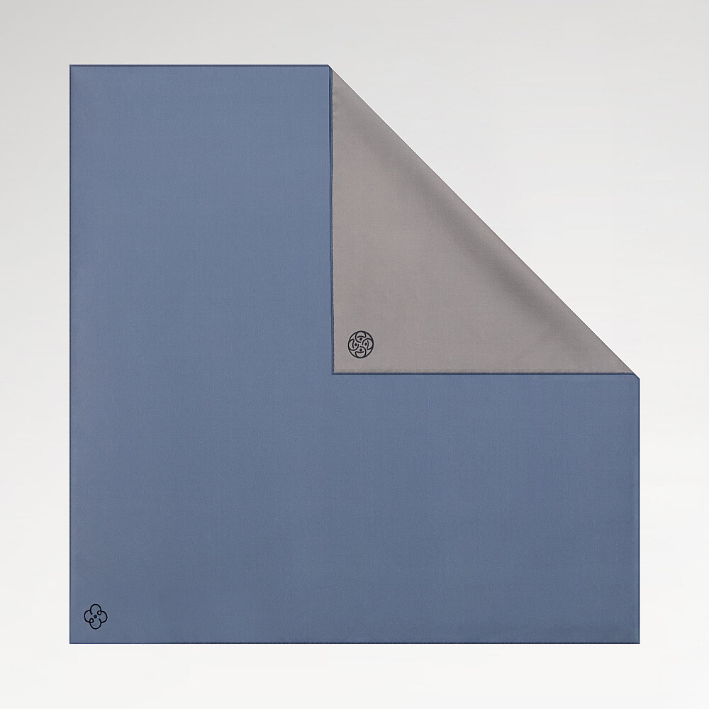 Beige - Dark Blue Double-Sided Twill Silk Square Scarf - 1