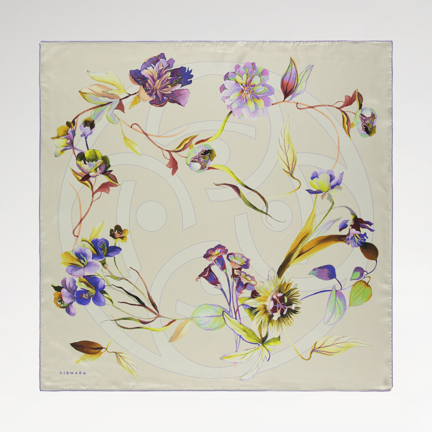 Beige Flora Symbol Pattern Twill Silk Square Scarf - 1