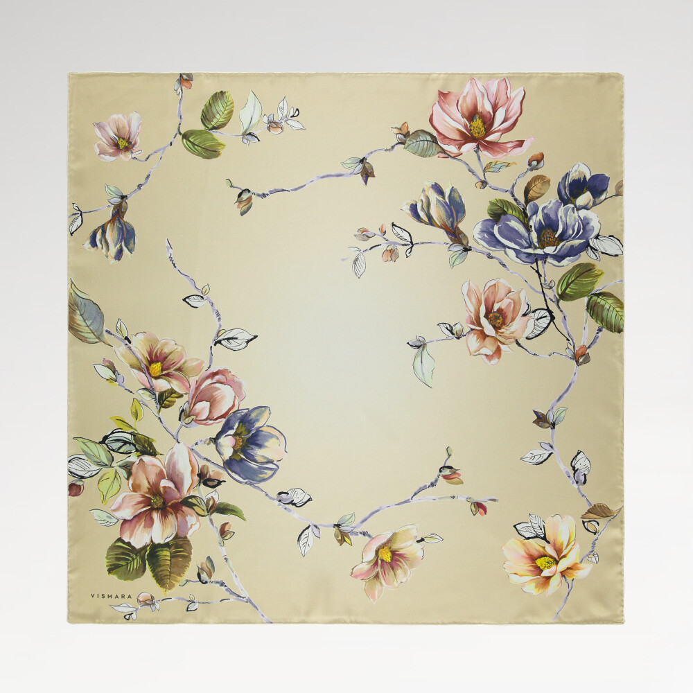 Beige Magnolia Flower Patterned Twill Silk Square Scarf