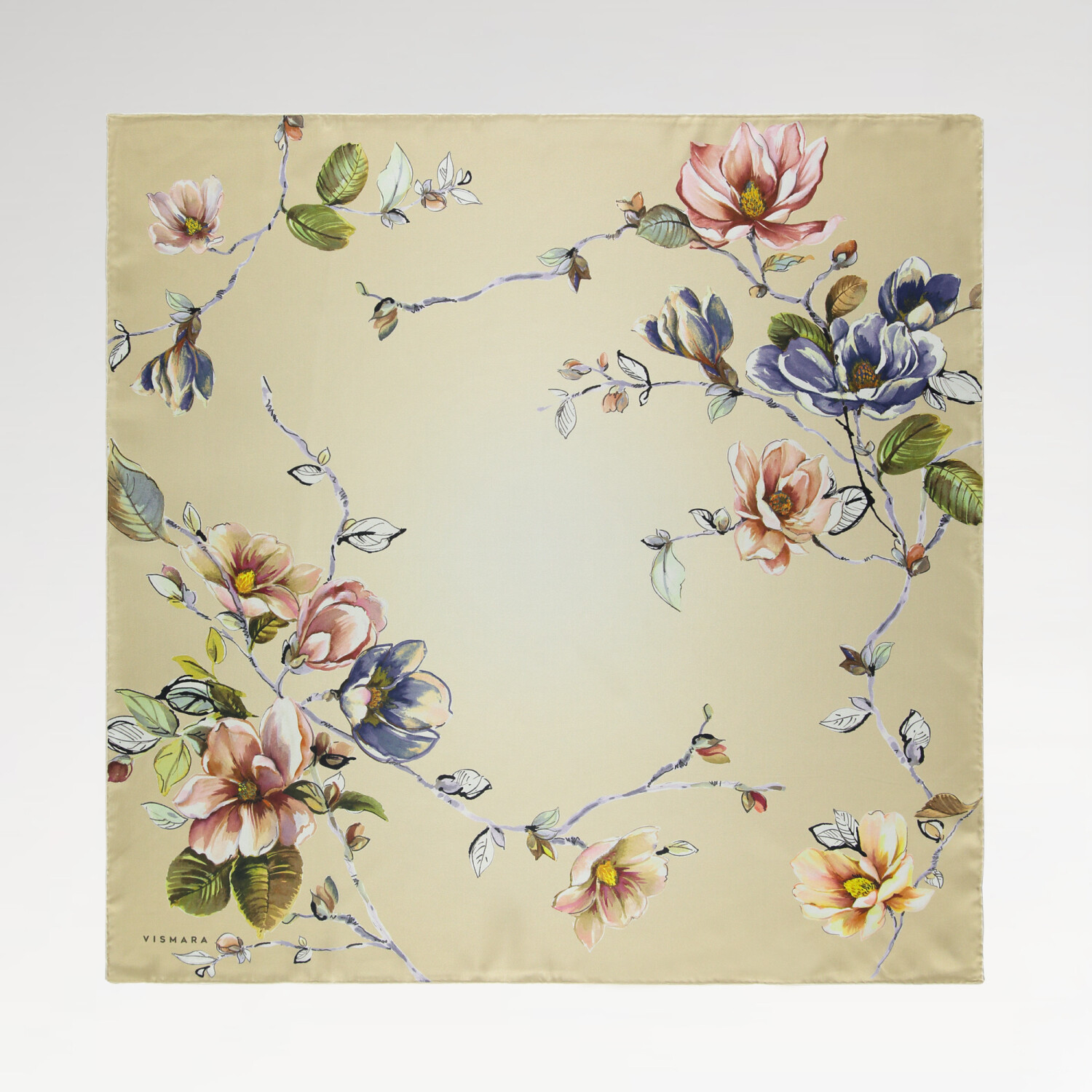 Beige Magnolia Flower Patterned Twill Silk Square Scarf - 1