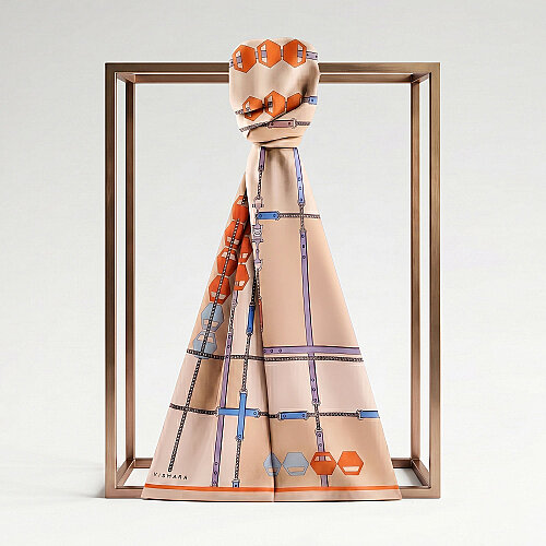 Beige Prism Line Pattern Silk Scarf