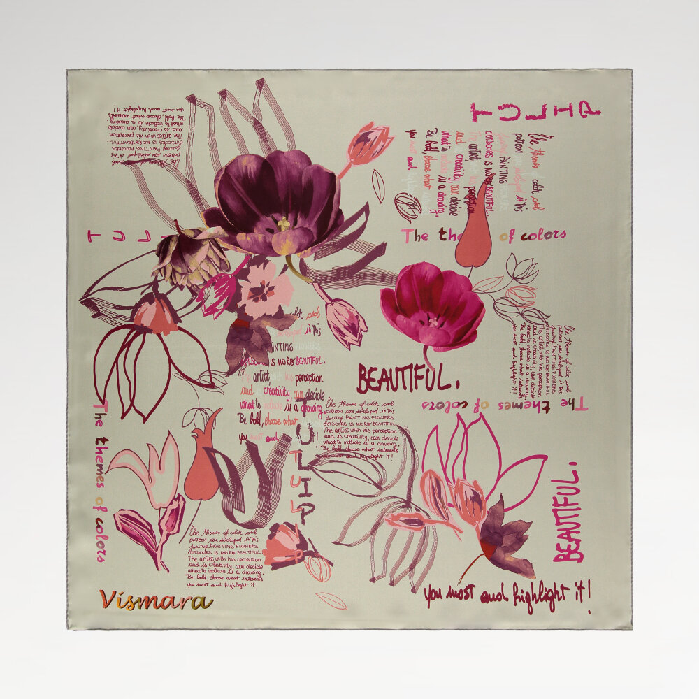 Beige Silk Square Scarf with Handwritten Floral Harmony Pattern - 1