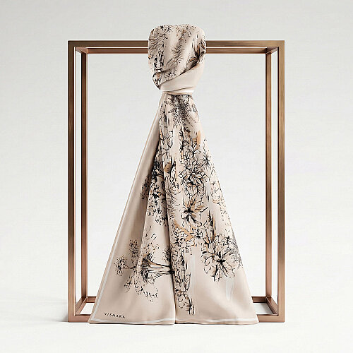 Beige Toile Garden Pattern Silk Scarf
