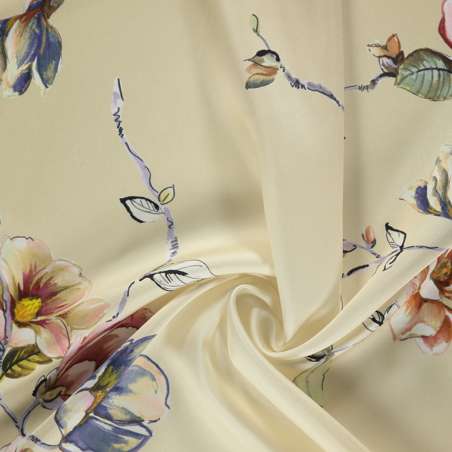 Bej Manolya Çiçeği Desenli Twill İpek Eşarp - 2