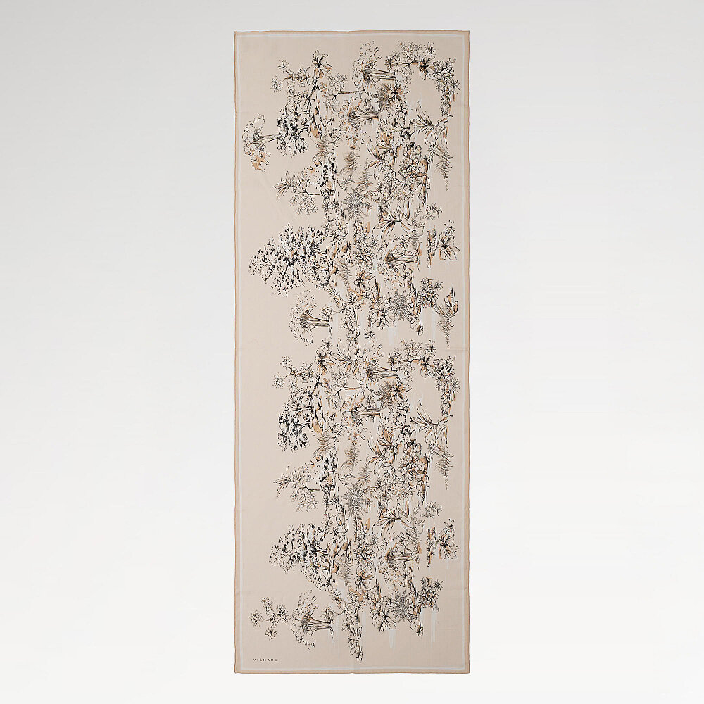 Bej Toile Bahçe Desenli İpek Şal - 2