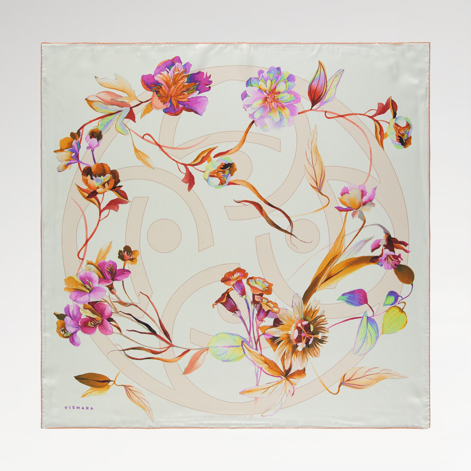 Beyaz Flora Sembol Desen Twill İpek Eşarp - 1
