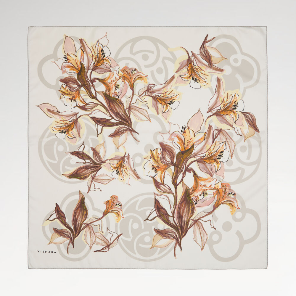 Beyaz Vismara Monogram Lilyum Çiçek Desenli Twill İpek Eşarp - Vismara