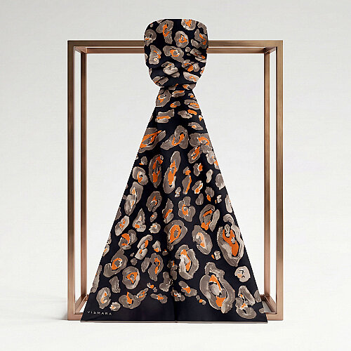 Black and Orange Classic Panther Pattern Silk Scarf - Vismara
