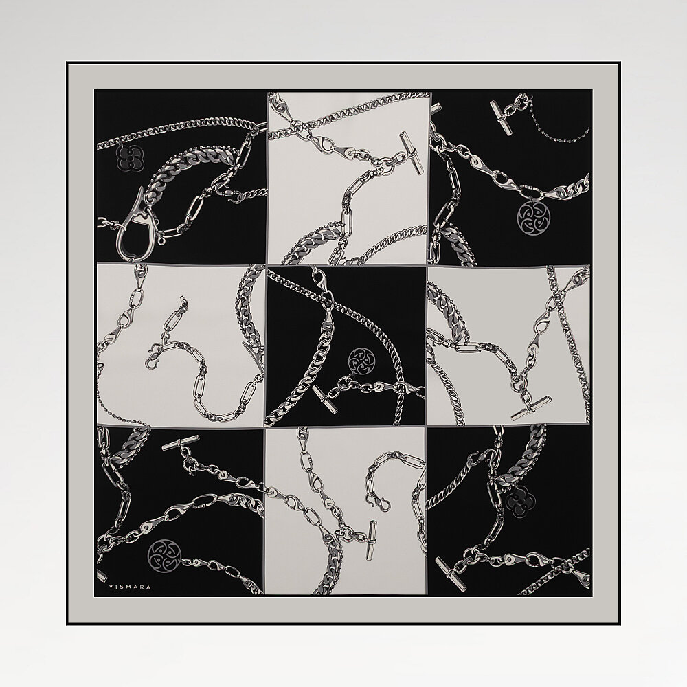 Black and White Vismara Chain Pattern Silk Square Scarf - 1