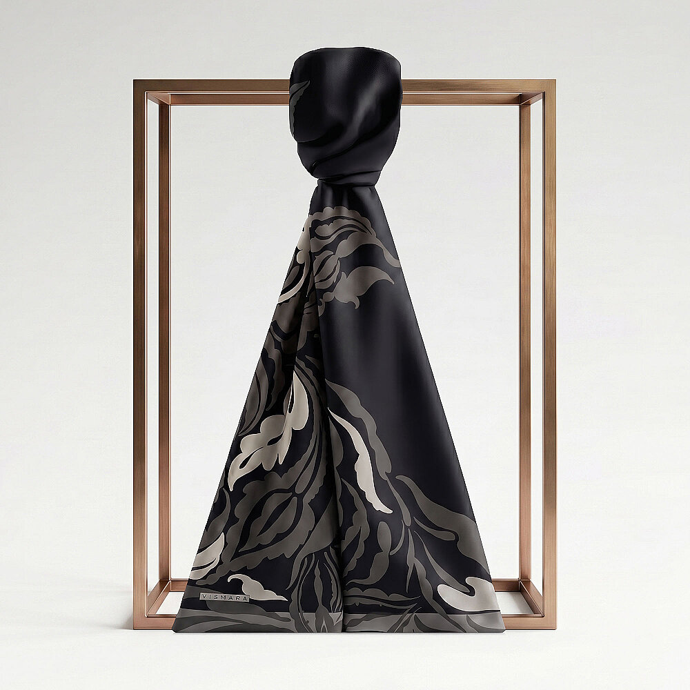 Black Anthracite Baroque Floral Patterned Silk Scarf - 1