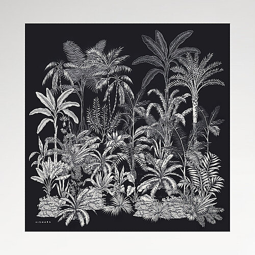 Black Exotic Oasis Patterned Twill Silk Square Scarf