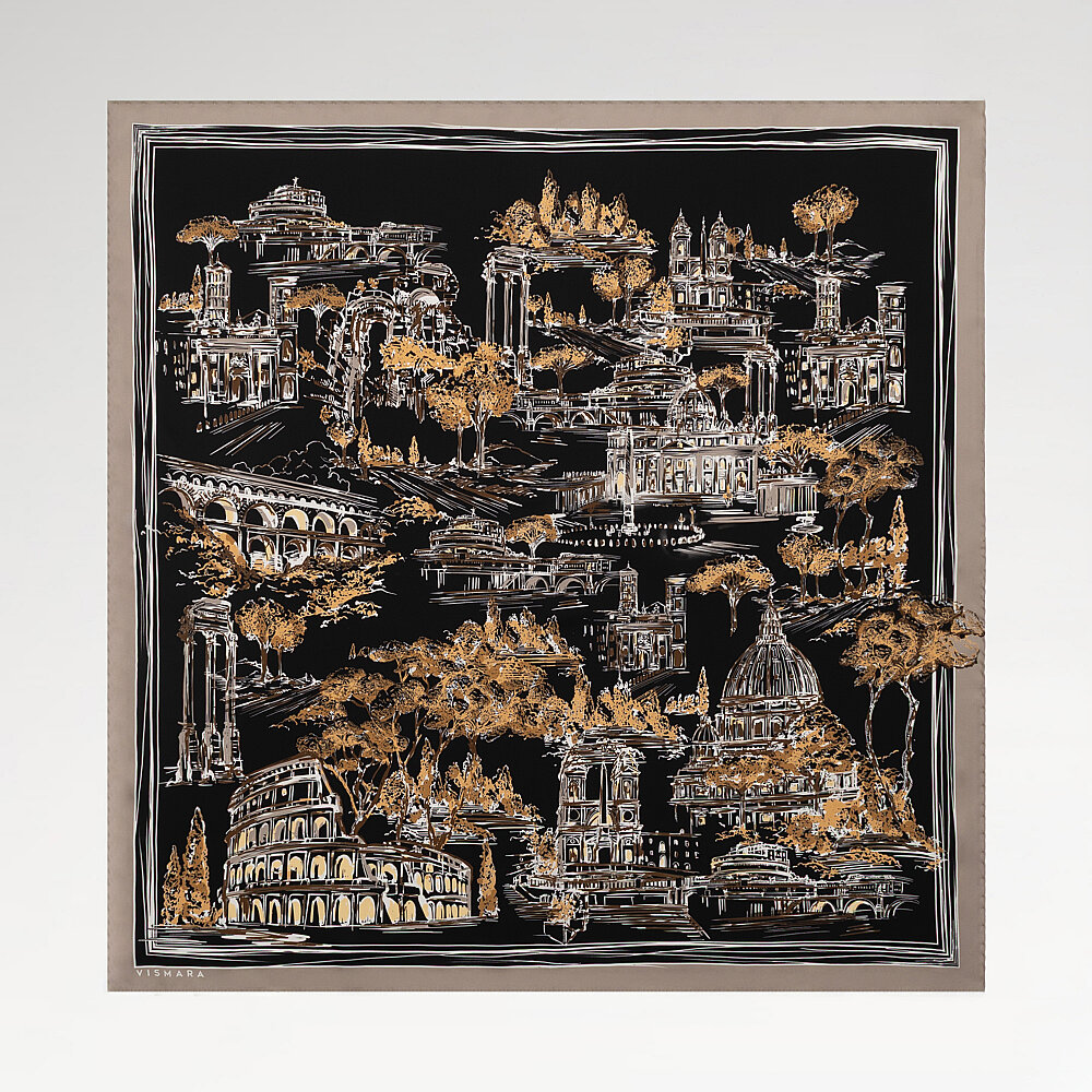 Black Gold Roma Eterna Patterned Silk Square Scarf - 1