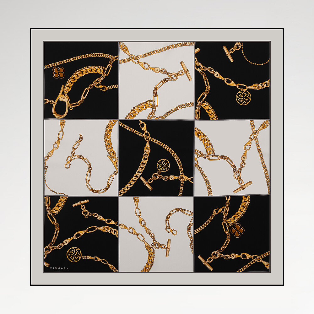 Black Gold Vismara Chain Pattern Silk Square Scarf - 1