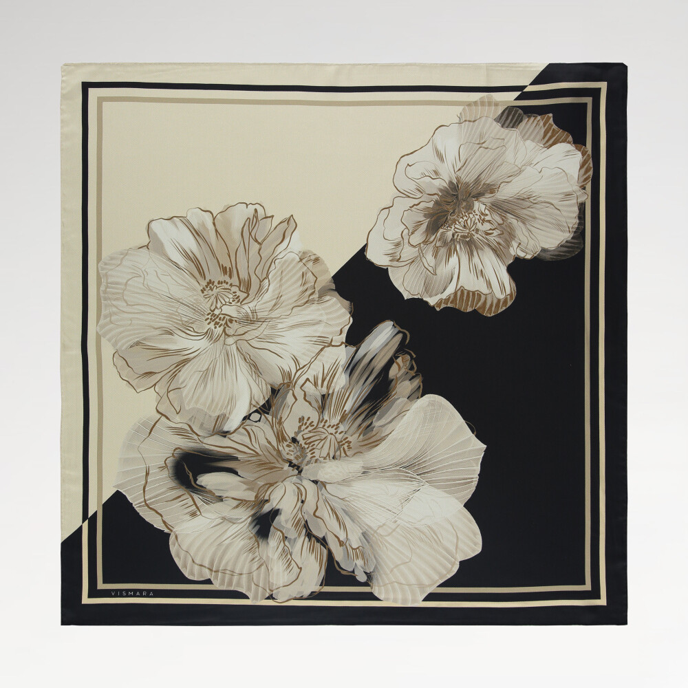 Black Linea Fiora Pattern Twill Silk Square Scarf - Vismara