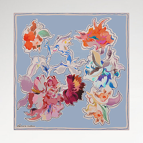Blue Abstract Flora Pattern Twill Silk Square Scarf