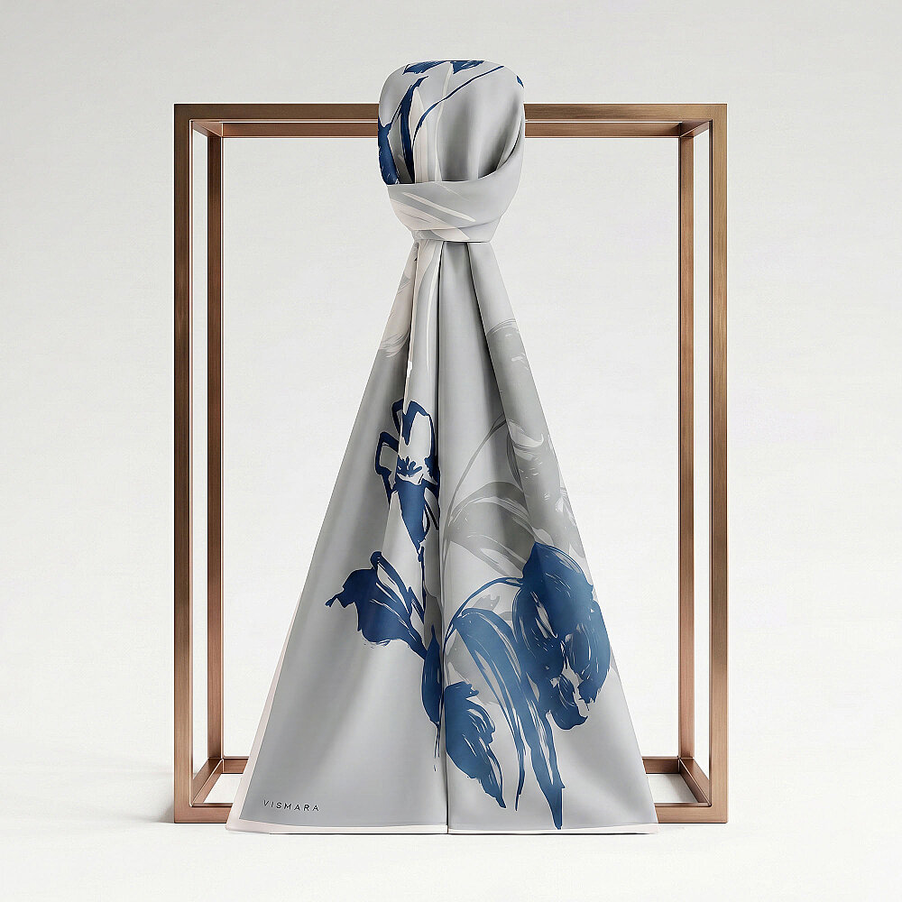 Blue Abstract Tulip Pattern Silk Scarf - 1