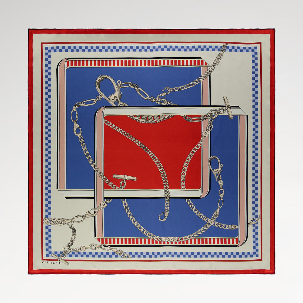 Blue and Red Chain Dance Patterned Silk Square Scarf - 1