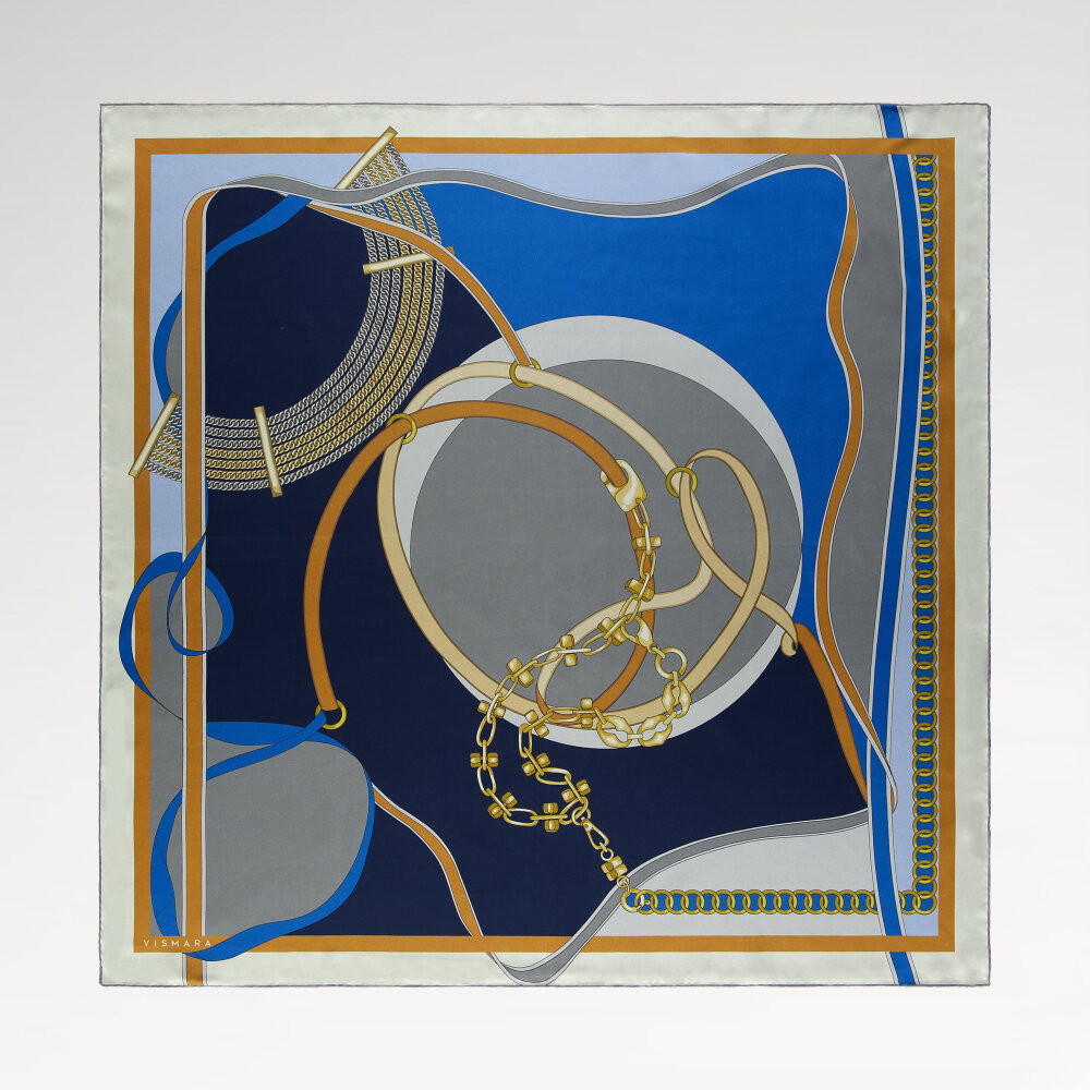 Blue Chain Harmony Patterned Silk Square Scarf - 1