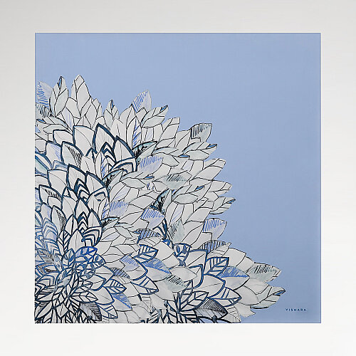 Blue Floral Leaf Pattern Twill Silk Square Scarf
