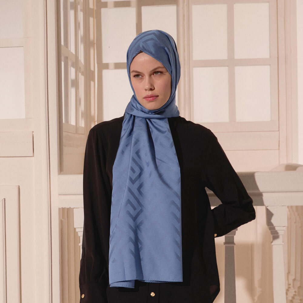 Blue G Pattern Jacquard Wool Silk Scarf - Vismara
