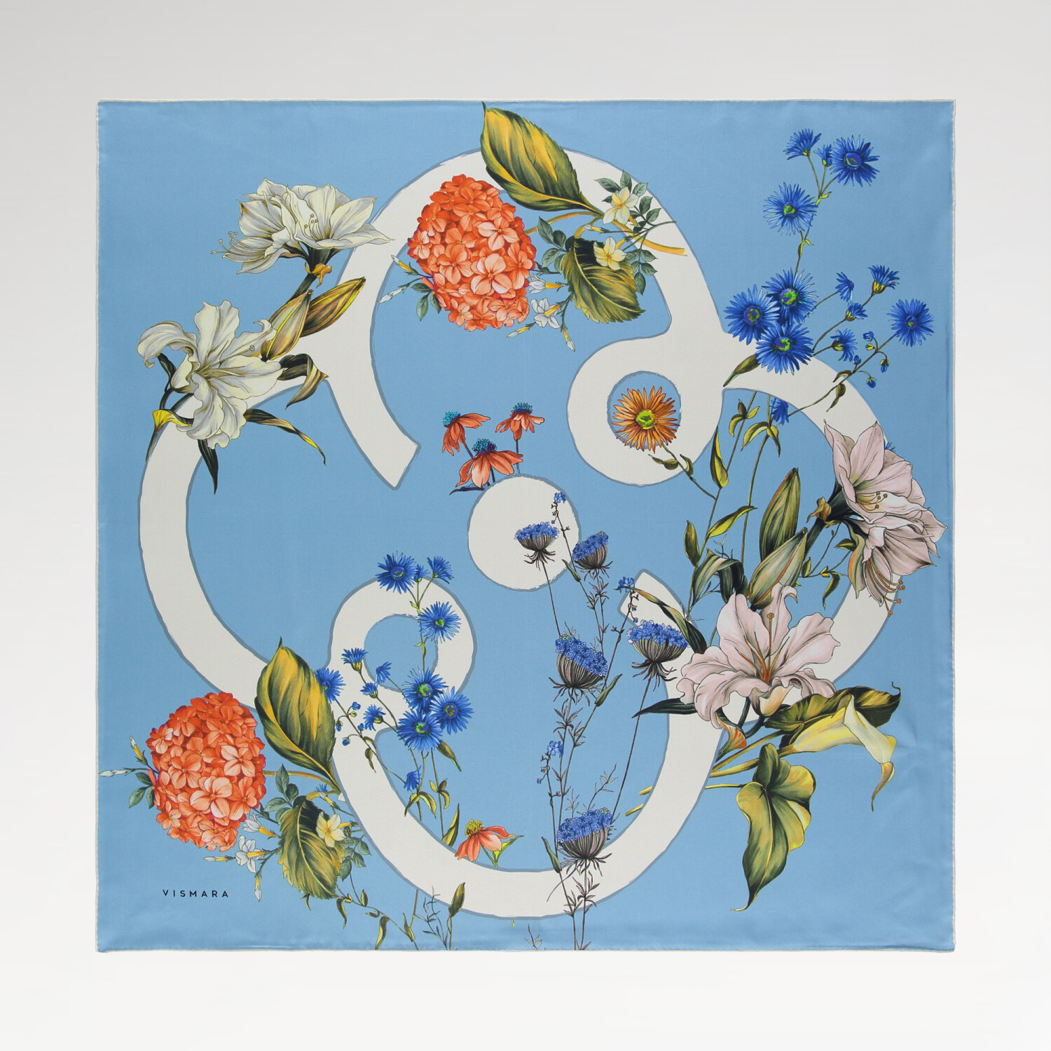Blue Virelle Pattern Twill Silk Square Scarf - 1