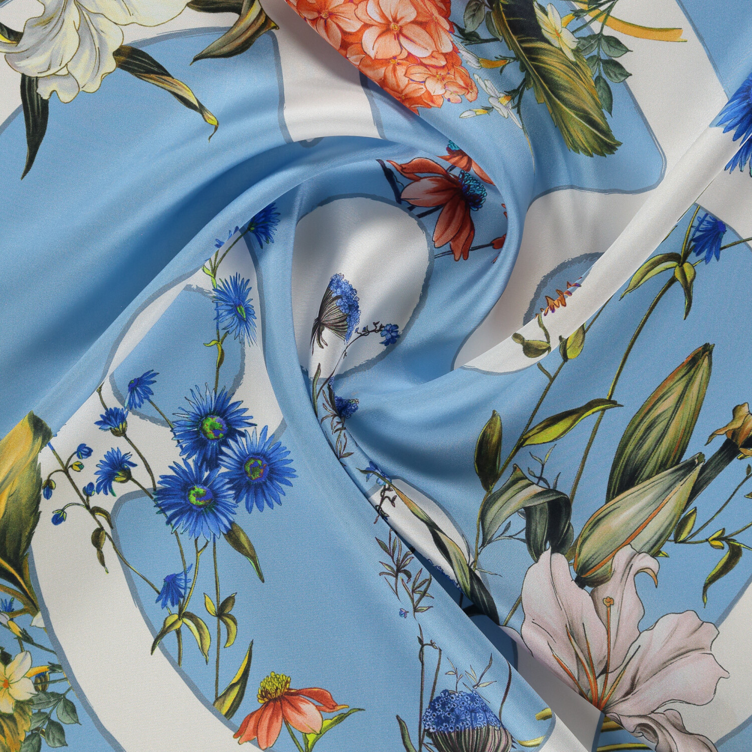 Blue Virelle Pattern Twill Silk Square Scarf - 2