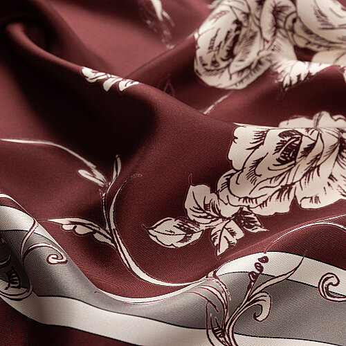 Bordo Barok Gül Desenli Twill İpek Eşarp - Vismara