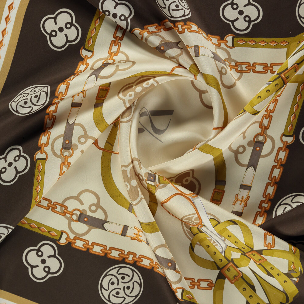Brown Vismara Monogram Chain Patterned Silk Square Scarf - 2