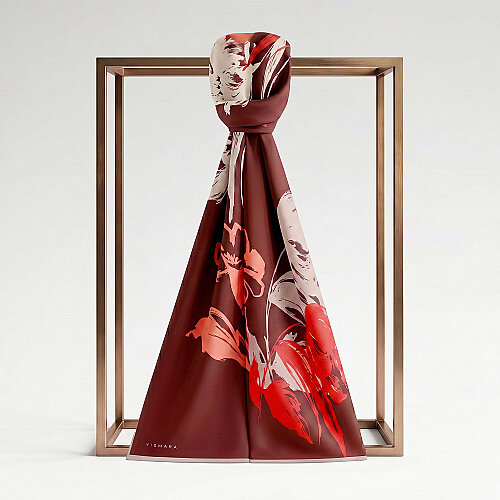 Burgundy Abstract Tulip Pattern Silk Scarf - Vismara