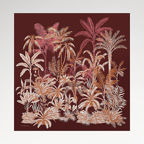 Burgundy Exotic Oasis Patterned Twill Silk Square Scarf