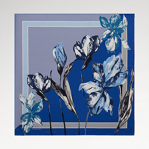 Cobalt Blue Vismara Camelia Patterned Twill Silk Square Scarf