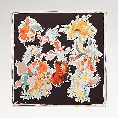 Coffee Abstract Flora Pattern Twill Silk Square Scarf