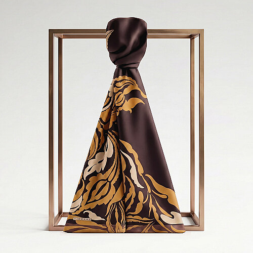 Coffee Baroque Floral Patterned Silk Scarf - Vismara