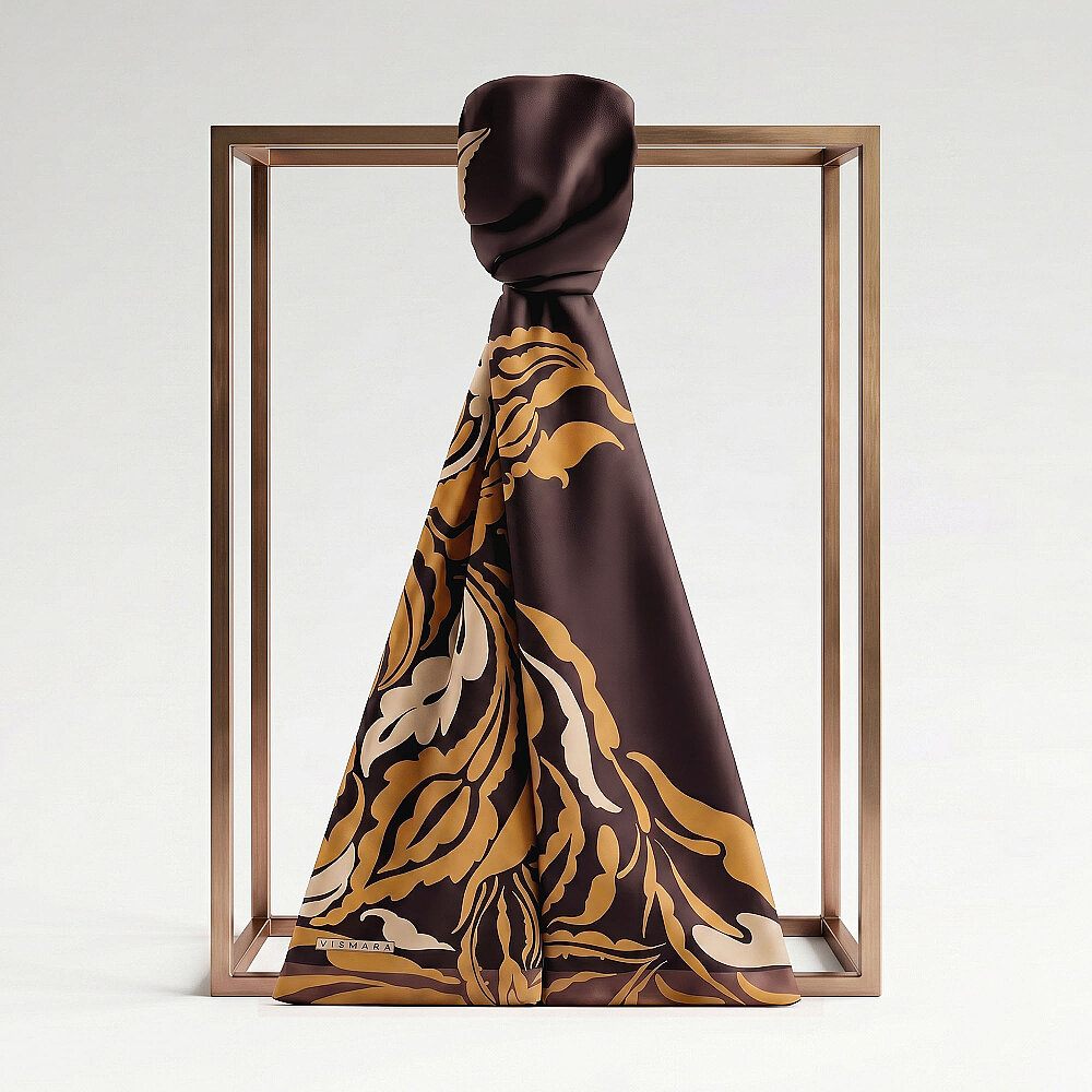 Coffee Baroque Floral Patterned Silk Scarf - 1
