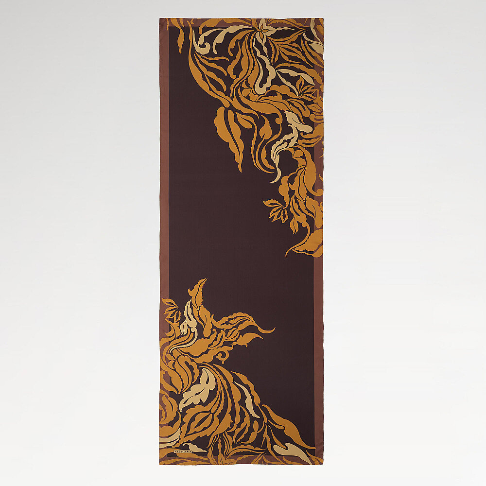 Coffee Baroque Floral Patterned Silk Scarf - 2