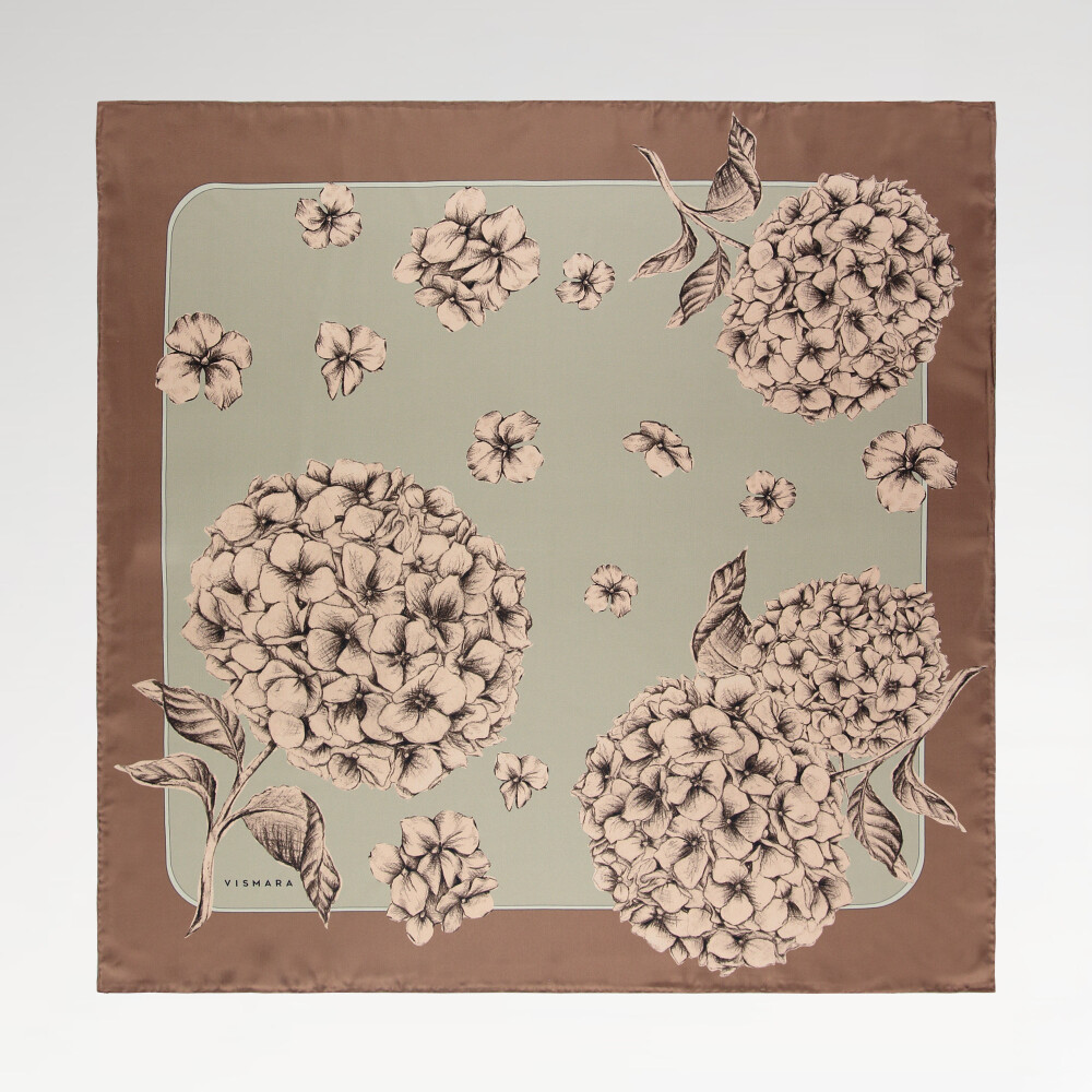 Coffee Hydrangea Flower Patterned Twill Silk Square Scarf