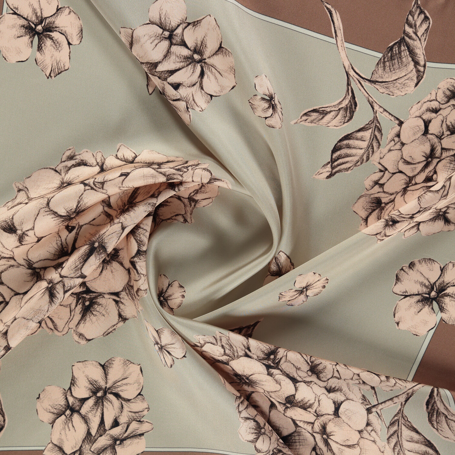 Coffee Hydrangea Flower Patterned Twill Silk Square Scarf - 2