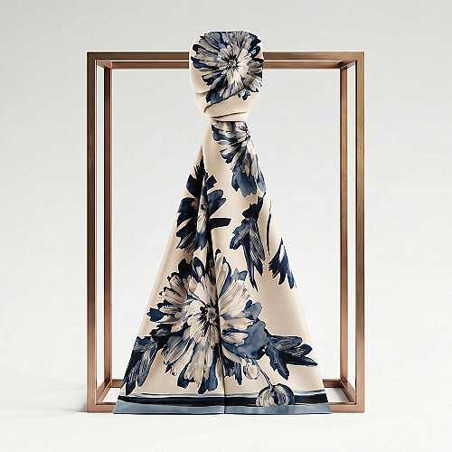 Cream Blue Chrysanthemum Breeze Patterned Silk Scarf