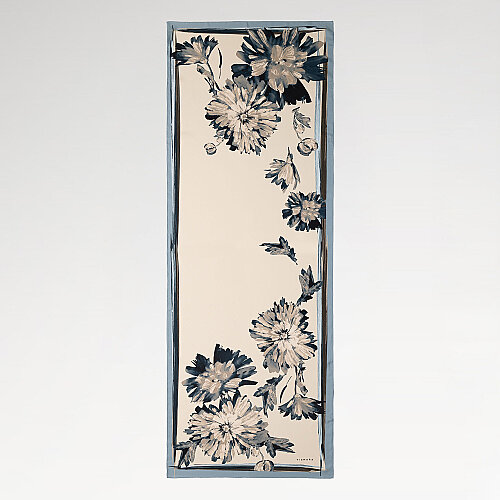 Cream Blue Chrysanthemum Breeze Patterned Silk Scarf - Vismara