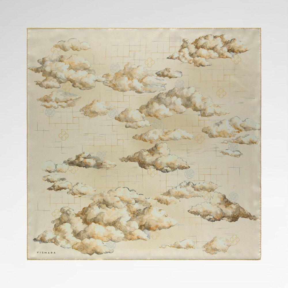 Cream Cloud Dance Patterned Silk Square Scarf - 1