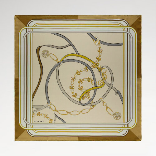 Cream Monogrammed and Chain Patterned Silk Square Scarf
