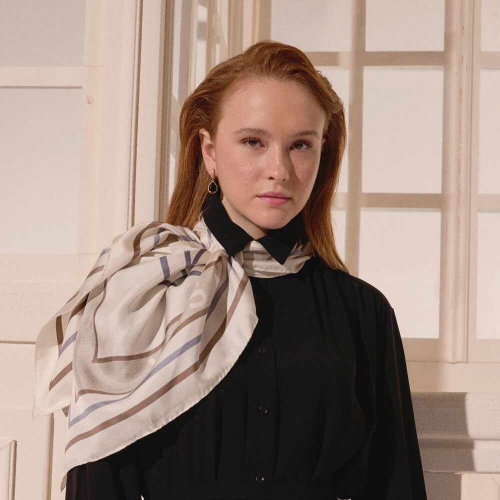 Cream Vismara Swan Pattern Twill Silk Square Scarf - Vismara