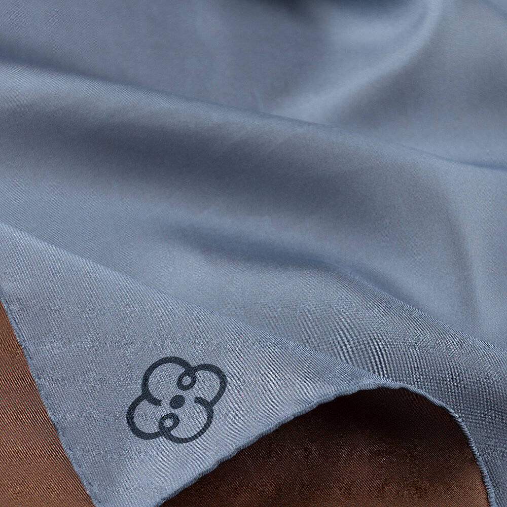 Dark Beige - Light Blue Double-Sided Twill Silk Square Scarf - 3